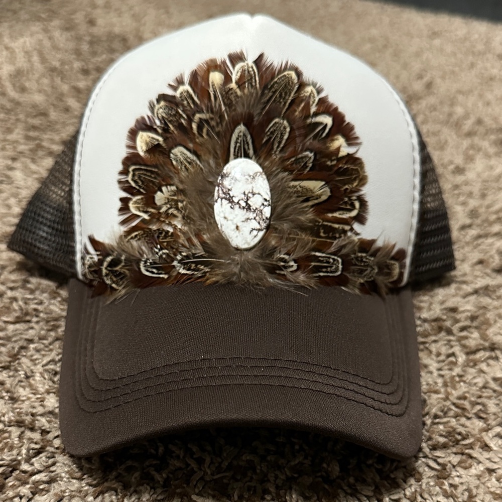 Boutique Brown and White Feather Embellished  Hat
